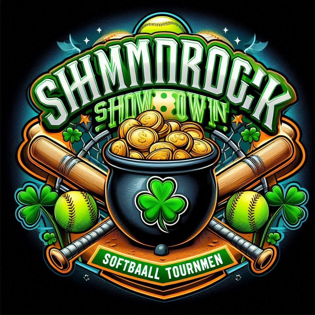 Shamrock Showdown softball tournament logo with a pot of gold, shamrocks, softball, and a home run hitter, with brighter colors